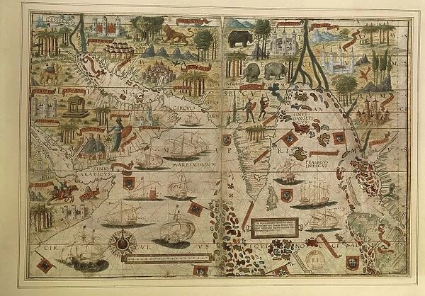 Map of India and Indian Ocean, from Miller Atlas by Pedro and Jorge Reinel, Lopo Homen, cartographers and Antonio de Holanda, miniaturist, 1519