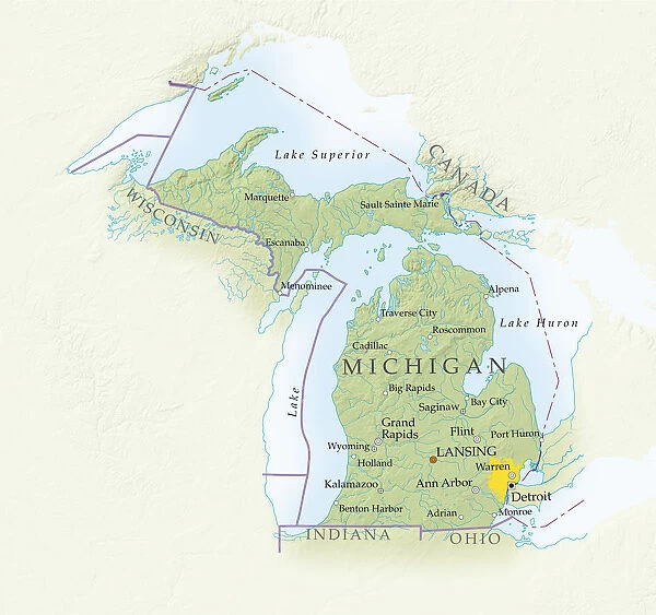 Map of Michigan, close-up