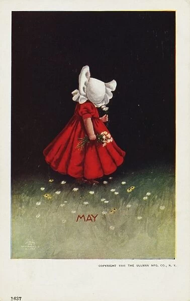 May Calendar Postcard with Little Girl Holding Bouquet. 1906, May Calendar Postcard with Little Girl Holding Bouquet