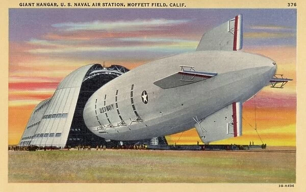 US Navy Blimp at Moffett Field. ca. 1943, California, USA, 376. GIANT HANGAR, U. S. NAVAL AIR STATION, MOFFETT FIELD, CALIF
