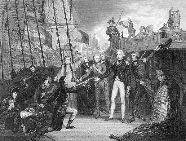 Nelson accepting surrender of Spanish admirals sword on board the San Joseph
