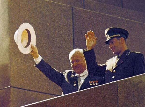 Nikita khrushchev with soviet cosmonaut gherman titov on the rostrum of lenins tomb in red square, moscow, ussr, august 9, 1961
