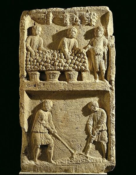 The Pillar of the Farmer, relief depicting a fruit market and two farmers tilling the soil