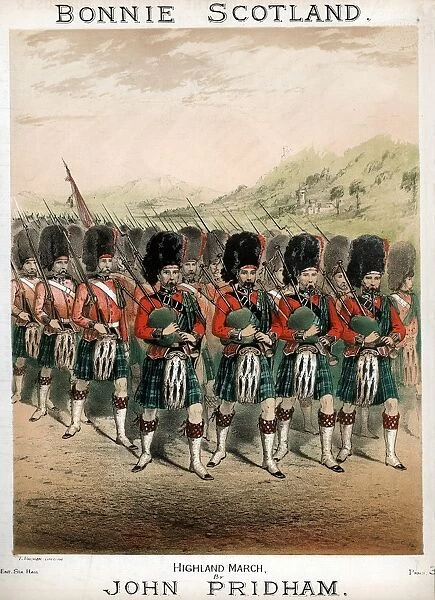 Pipers leading a march: kilted Highland Footguards wearing Busbies and Sporrans