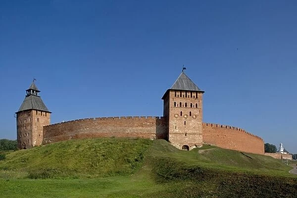 Russia, Veliky Novgorod, Saviour and Court Towers on Kremlin walls