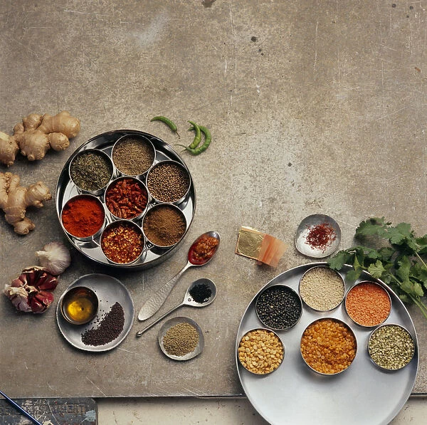 Selection of Indian cooking ingredients, spices, lentils, herbs, arranged on round metal dishes