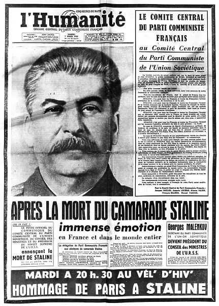 Title page of l Humanite, Paris, 7 March 1953 reporting on the death of Joseph Stalin