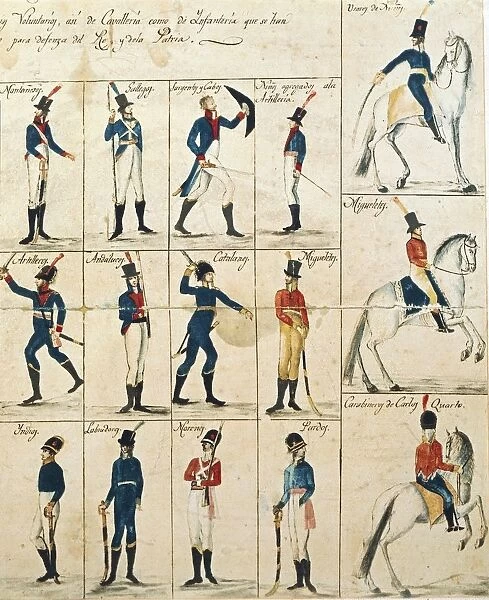 Uniforms of colonial cavalry and infantry, watercolor, detail