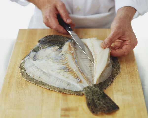 Using a knife to cut fillets off a raw turbot