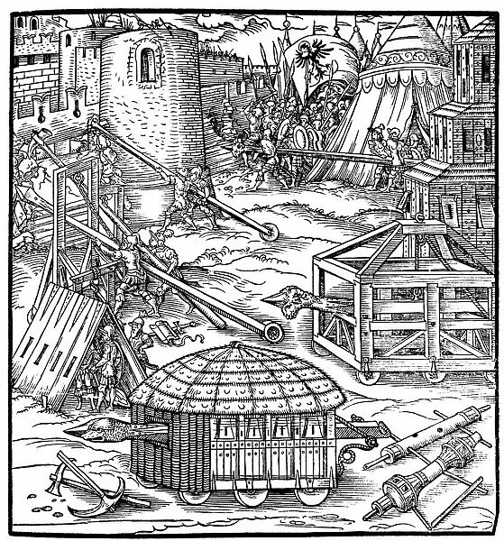 Various forms of siege equipment, including battering rams. Woodcut from Gaultherius