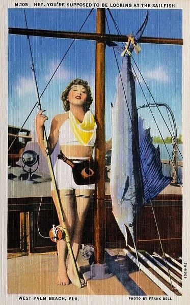 Woman Posing with Sailfish. ca. 1935, West Palm Beach, Florida, USA, WEST PALM BEACH, FLA