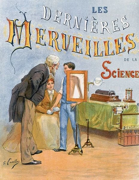 X-ray being taken of a boys shoulder. Title page of Les dernieres merveilles