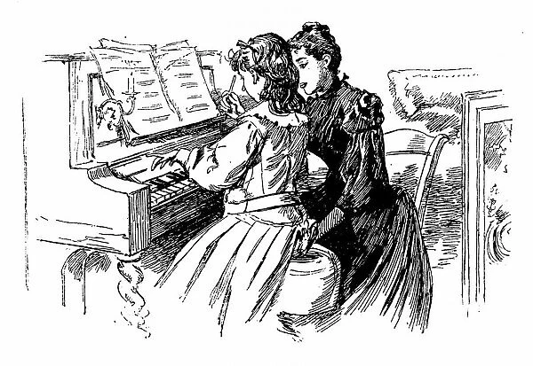Young girl being given a piano lesson