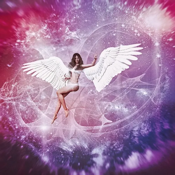Naked woman with angel wings flying in purple sky available as Framed  Prints, Photos, Wall Art and Photo Gifts
