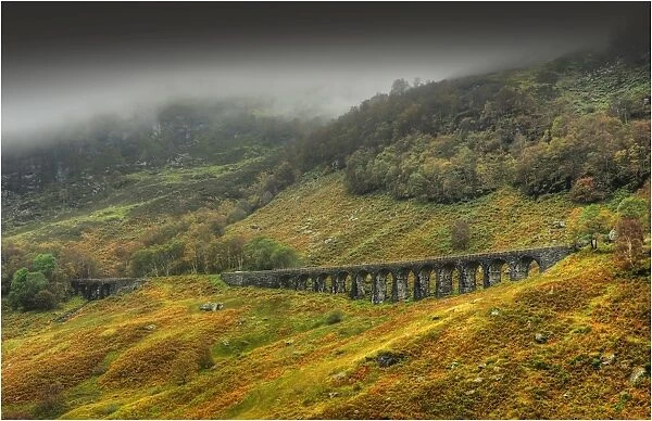 A railway viaduct in mist, near Callander, Scottish highlands