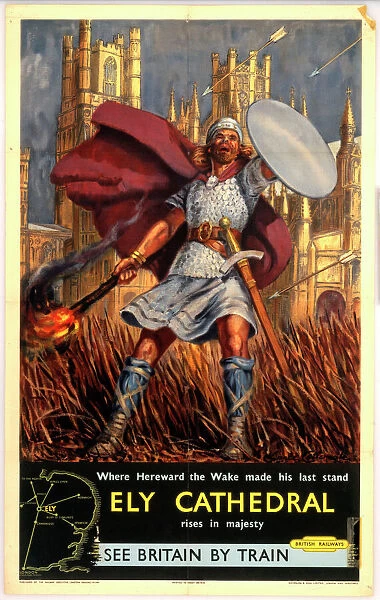 Ely Cathedral, with Hereward the Wake, BR poster, c 1950s