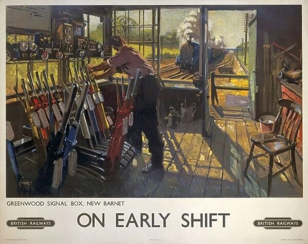Poster produced for British Railways (BR), showing a railway worker manually operating