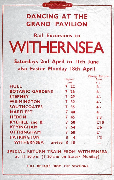 Rail Excursions to Withernsea, BR poster, 1948-1965