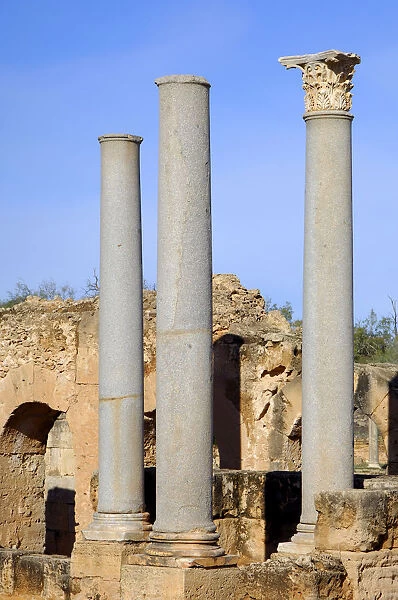 Ancient columns in the ruins of the Roman City Leptis Magna, Libya