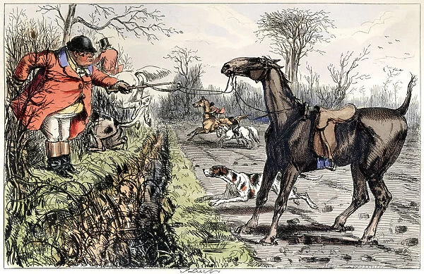 Angry foxhunting man whose horse is refusing a jump