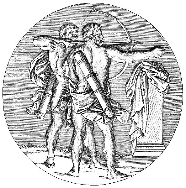 Antique illustration of Chiron teaching Heracles how to shoot arrows