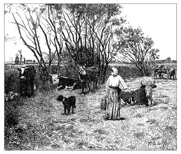 Antique illustration of landscape with animals and farmer