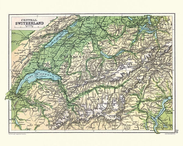 Antique Map of Central Switzerland, Lake Geneva, 19th Century