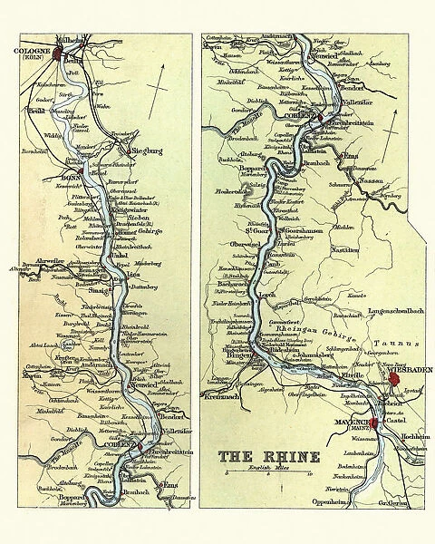 Antique Map of course of the Rhine river, Germany, 19th Century