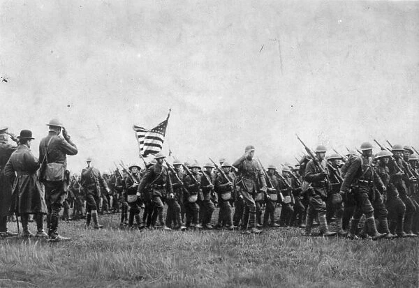 US Army. circa 1917: American troops on the march during the First World War