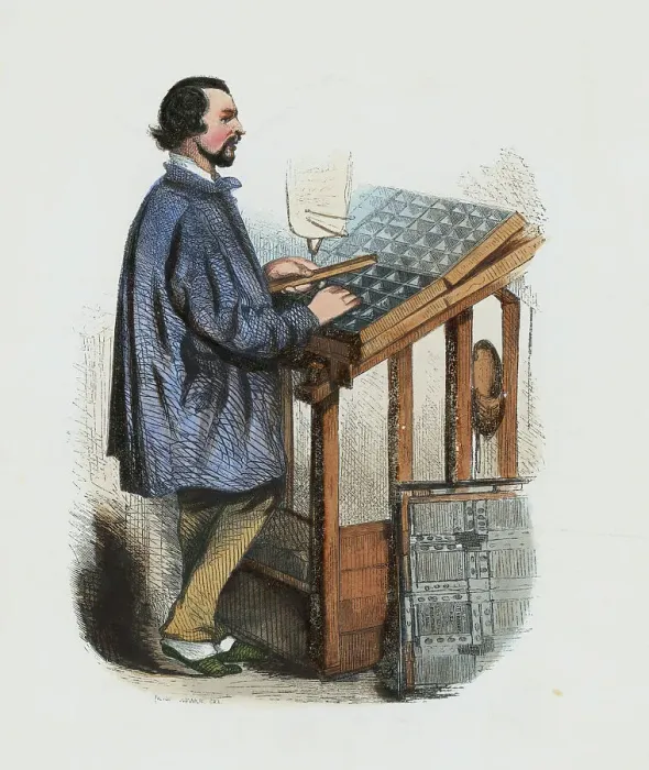 Framed Print : Typesetter Using Composing Stick Print