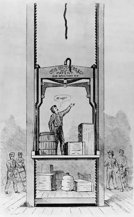 Framed Print : Print of Elisha Otis Testing Elevator Framed Print : Print of Elisha Otis Testing Elevator