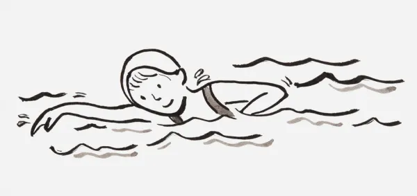 Black and white illustration of girl swimming