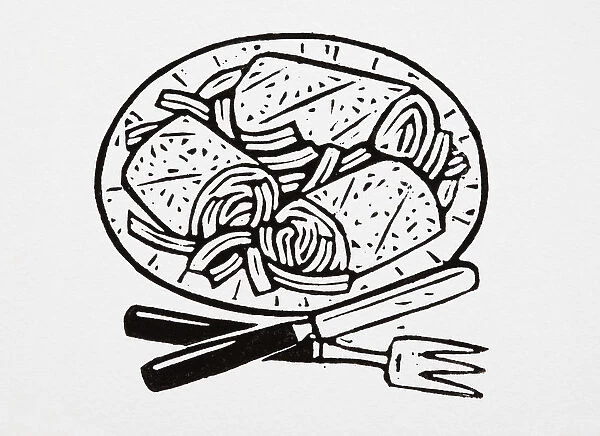 Black and white illustration of tortilla wraps on a plate, fork and knife