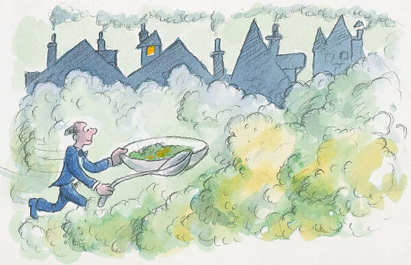 Cartoon of man running on yellowish-green smog caused by smoke from chimneys, holding over-sized bowl of pea soup and spoon