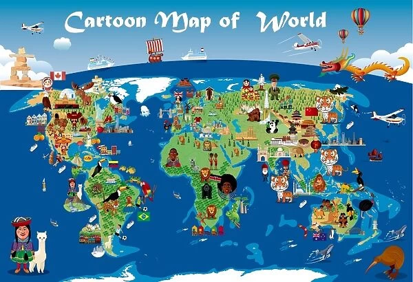 Cartoon map of world. Available as Framed Prints, Photos, Wall Art and  other products #14637285