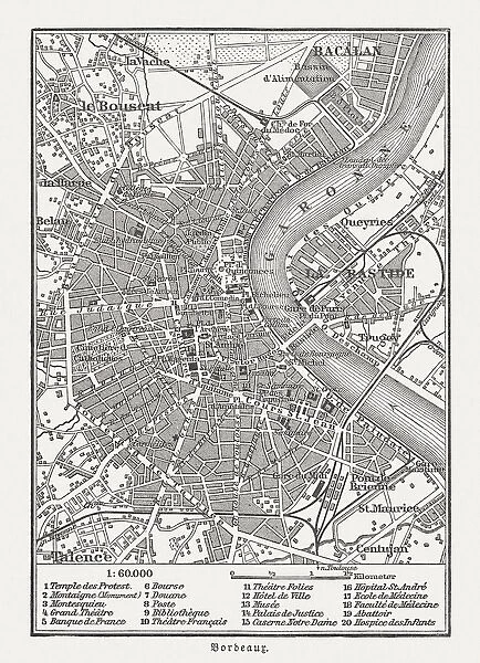 City map of Bordeaux, France, wood engraving, published in 1897