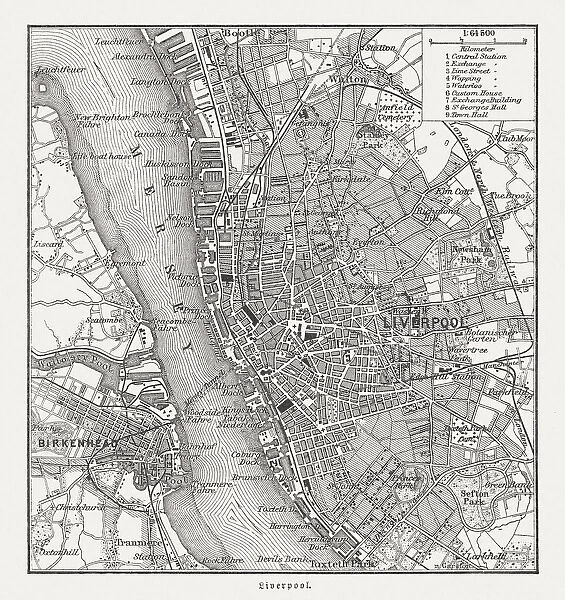 City map of Liverpool and Birkenhead, England, woodcut, published 1897