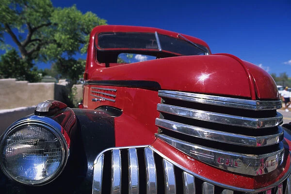 Close up of front of red classic car, New Mexico, USA
