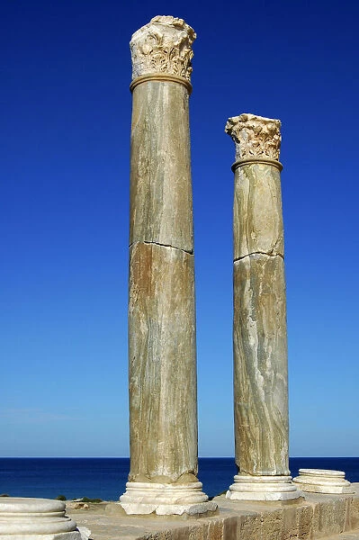 Columns with Corinthian capital in Roman theatre near the Mediterranean sea Leptis Magna Libya