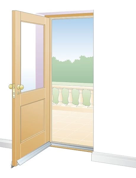 Digital illustration of open door showing draughtproofing foam strip surrounding frame, and brush threshold strip on bottom edge