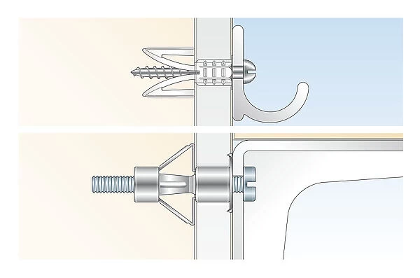 Digital Illustration of plastic and metal cavity fixings inserted in wall
