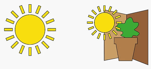 Digital illustration of sun, and sun shining on plant in pot in corner