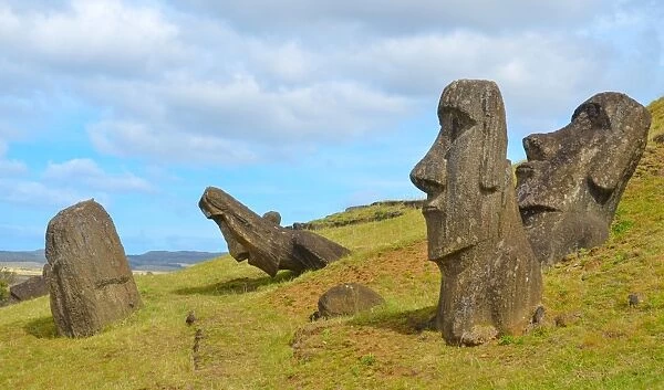 Easter island landscape with several moai statues