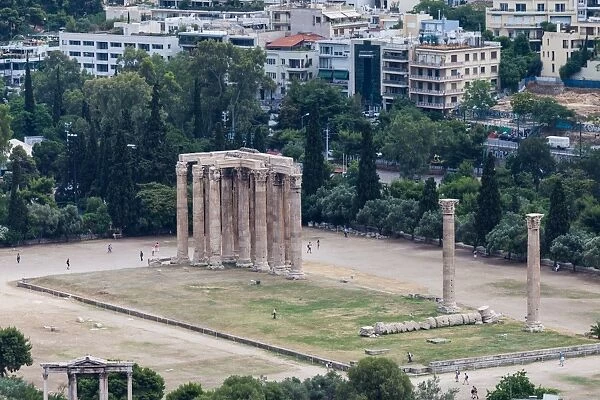 Elevated view of the Temple of Olympian Zeus colossal ruined temple in central Athens