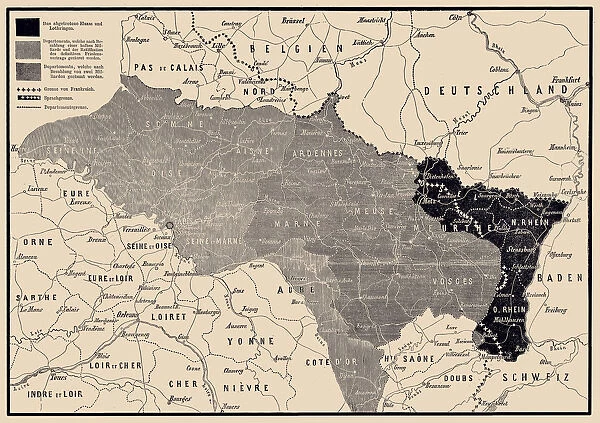 France. Map of the evacuation of the German army and the ceded parts of the country