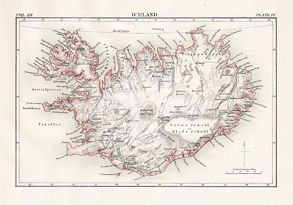 Iceland map 1881. Encyclopedia Britannica 9th Edition Vol XII Philadelphia j.M