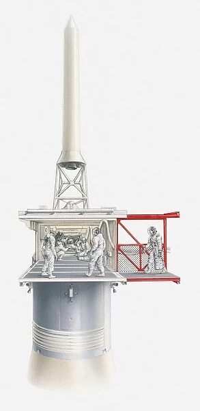 Illustration of astronauts entering Apollo 11 command module at the top of the Saturn V rocket