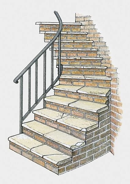 Illustration of bricks steps with handrail