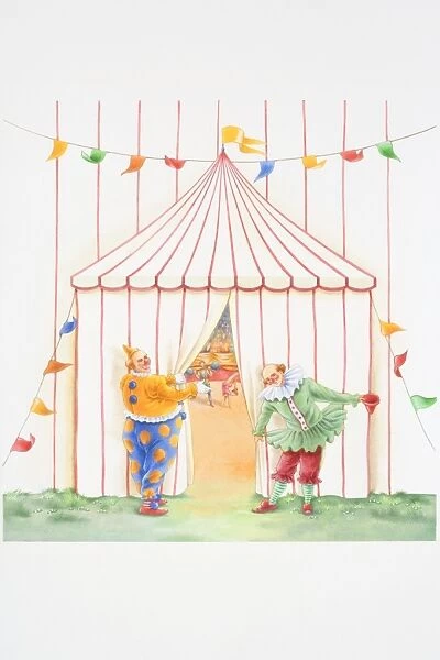 Illustration, two clowns holding back curtain in entrance to circus tent with inviting gestures, revealing acrobats performing in ring inside and audience in background, front view