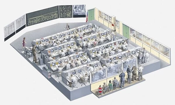Illustration of the control room of the Apollo 11 space mission